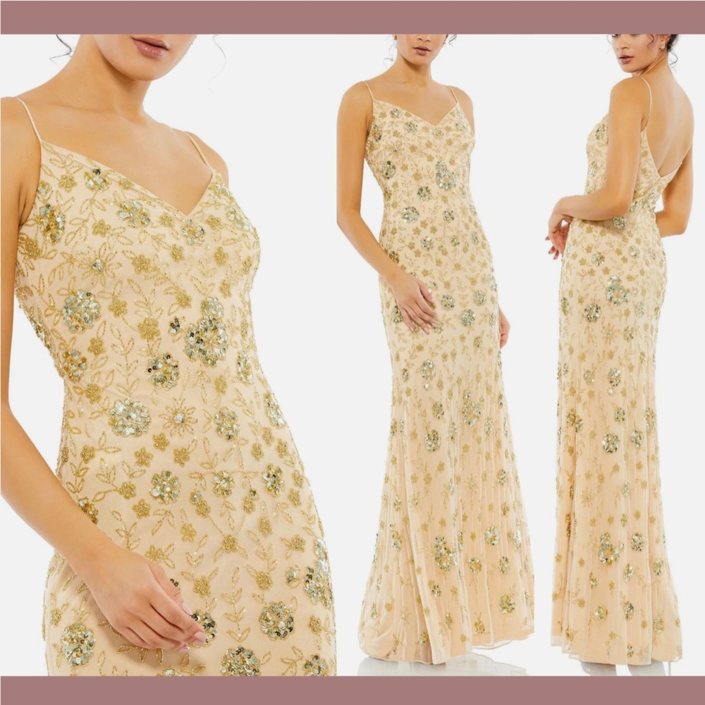 NWT $458 Mac Duggal [ 10 ] Sleeveless Beaded Slip‎ Dress Gown Gold Floral Gold